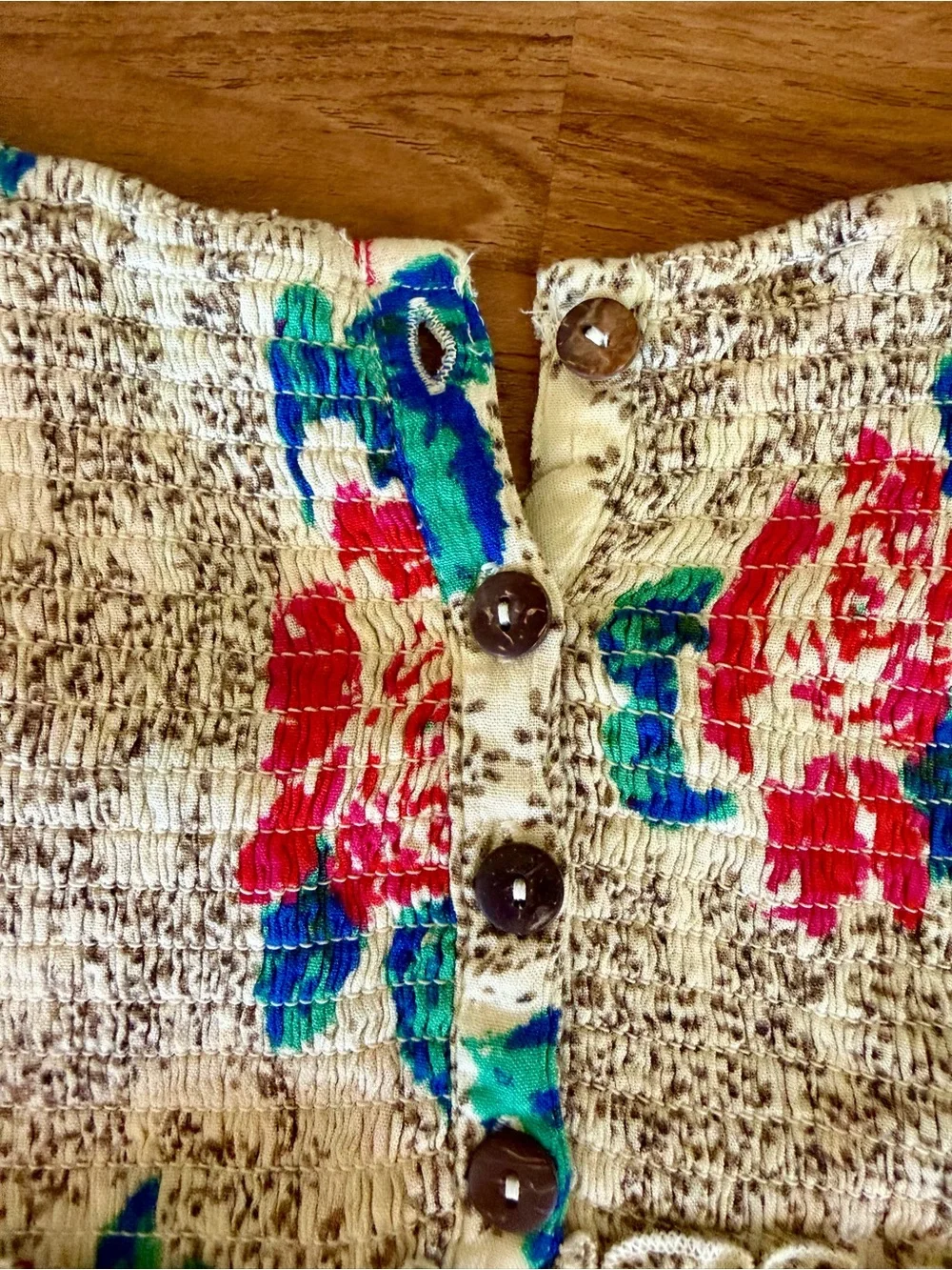 Free People Button Up Smocked Cream Mini Dress with Red & Teal Floral Print
